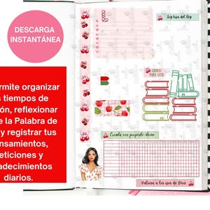 May include: A planner page with decorative elements, including cherry and bow patterns, and text in Spanish. The page features a grid for journaling, a stack of books, and the text "Descarga Instant&aacute;nea."