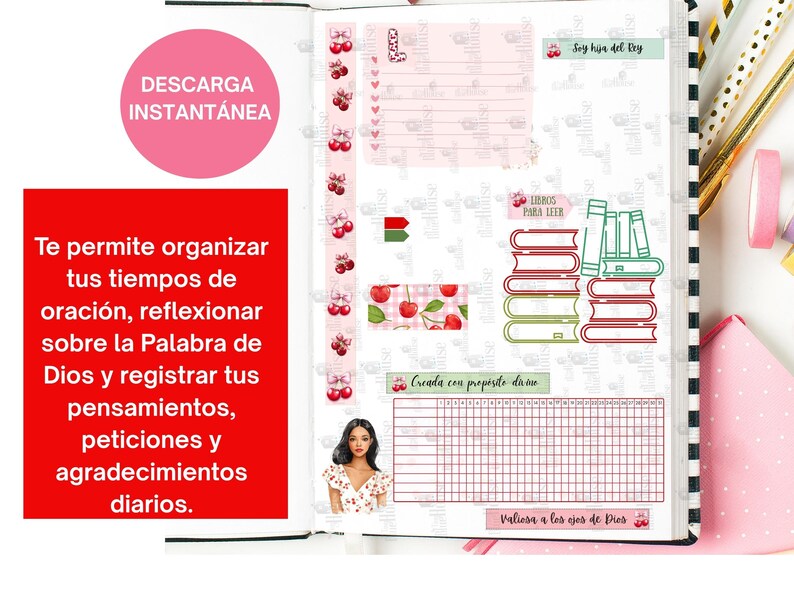 May include: A planner page with decorative elements, including cherry and bow patterns, and text in Spanish. The page features a grid for journaling, a stack of books, and the text "Descarga Instant&aacute;nea."