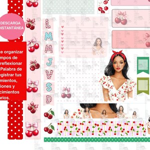 May include: Digital planner stickers with a cherry theme. Includes decorative elements like bows, banners, and patterned borders. The text "DESCARGA INSTANT&Aacute;NEA" is visible.