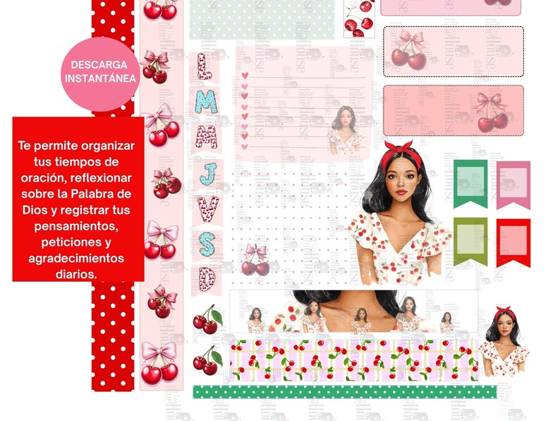 May include: Digital planner stickers with a cherry theme. Includes decorative elements like bows, banners, and patterned borders. The text "DESCARGA INSTANT&Aacute;NEA" is visible.