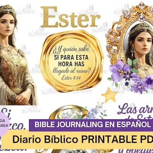 Puede incluir: Ilustración digital con el nombre "Ester" en purpurina dorada, con ilustraciones de una mujer con un vestido dorado y un marco dorado decorativo. Incluye texto en español: "Bible Journaling en español" y "Diario Bíblico PRINTABLE PDF."