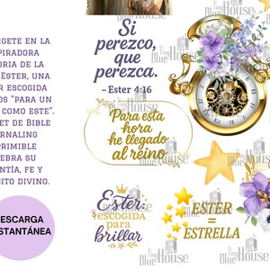May include: Digital Bible journaling set featuring inspirational quotes and imagery related to Queen Esther. Includes a gold clock, purple flowers, and text in Spanish. A downloadable product.