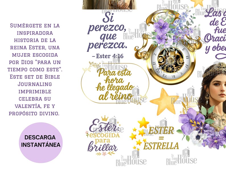 May include: Digital Bible journaling set featuring inspirational quotes and imagery related to Queen Esther. Includes a gold clock, purple flowers, and text in Spanish. A downloadable product.