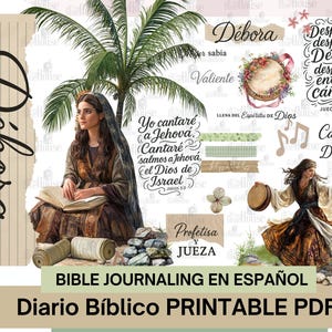 Pode incluir: Arte digital com tema bíblico, apresentando uma mulher e texto em espanhol. A imagem inclui uma palmeira, um pandeiro e as palavras "Débora" e "Bible Journaling en Español".