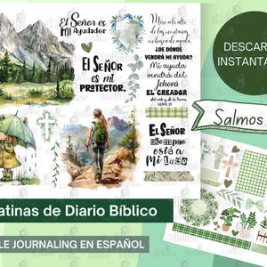 Peut inclure: Un ensemble d'autocollants numériques pour le journalisation biblique en espagnol. Les autocollants présentent des illustrations de montagnes, d'un randonneur, d'une croix et d'une fille tenant un parapluie. Les autocollants comprennent également du texte en espagnol, comme "El Señor es mi Ayudador" et "Salmos 121".