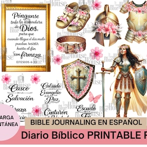May include: Digital art featuring elements of biblical armor and accessories, including a shield, helmet, and sandals, adorned with pink flowers. The image includes text in Spanish, with the words "Bible Journaling" and "Printable PDF".