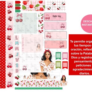 May include: A digital planner kit with a cherry theme. The kit includes decorative washi tape, labels with the text "Hazo hoy", and a calendar. The kit also includes a pink circle with the text "DESCARGA INSTANT&Aacute;NEA".