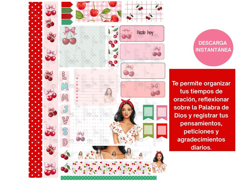 May include: A digital planner kit with a cherry theme. The kit includes decorative washi tape, labels with the text "Hazo hoy", and a calendar. The kit also includes a pink circle with the text "DESCARGA INSTANT&Aacute;NEA".