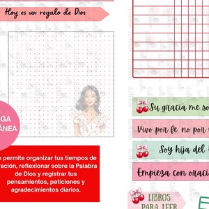 May include: A digital planner with a grid layout, a woman's illustration, and text in Spanish. The planner includes sections for prayer, reflection, and gratitude. Decorative elements include pink banners and cherry illustrations.