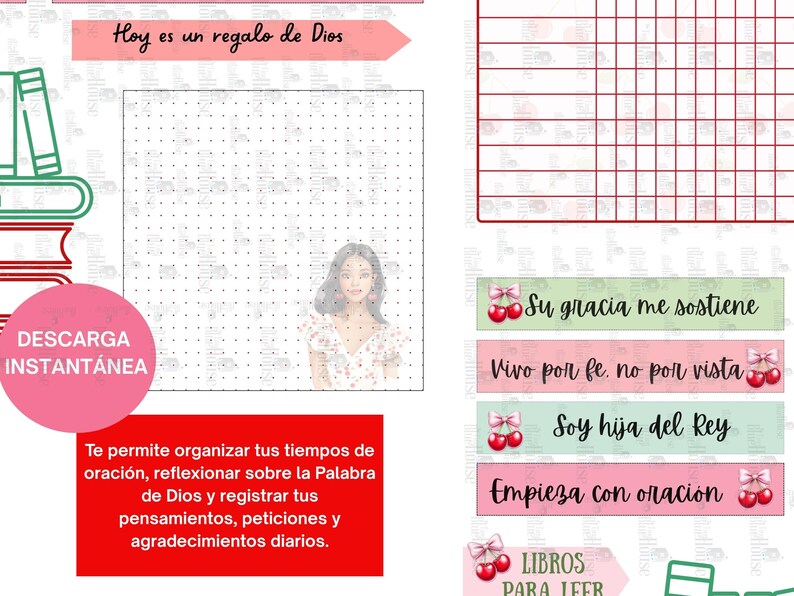 May include: A digital planner with a grid layout, a woman's illustration, and text in Spanish. The planner includes sections for prayer, reflection, and gratitude. Decorative elements include pink banners and cherry illustrations.