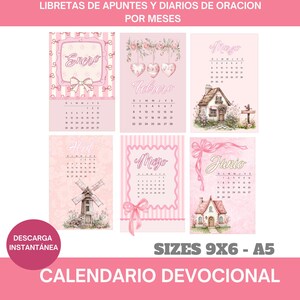 May include: A pink devotional calendar with months displayed. Each month features a different design, including hearts, houses, and a windmill. The text includes "Sizes 9x6 - A5" and "Download Instantly."