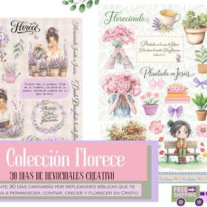 May include: A digital sticker sheet featuring illustrations of people, potted plants, flowers, butterflies, and text in Spanish. The graphics include a person reading, a person watering plants, and a person sitting on a bench, all in a soft color palette.