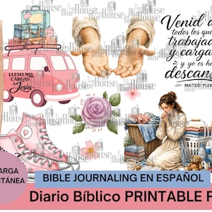 May include: A digital graphic sheet featuring a pink van with luggage, open hands, a purple rose, pink sneakers, and a person kneeling by a laundry basket. Text includes "MATEO 11:28", "LLEVO MIS CARGAS A JESÚS", "Venid a mí todos los que están trabajados y cargados, y yo os haré descansar", "DESCARGA INSTANTÁNEA", "BIBLE JOURNALING EN ESPAÑOL", and "Diario Bíblico PRINTABLE PDF".