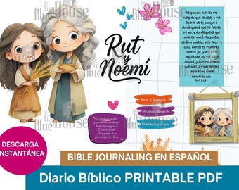 May include: Digital Bible journaling printable PDF featuring illustrations of Ruth and Naomi. The image includes text in Spanish, decorative elements, and a framed illustration. The design is suitable for Bible study and journaling.