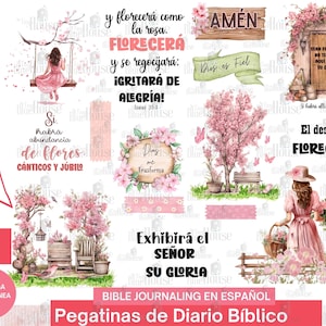 Könnte beinhalten: Ein Satz druckbarer Aufkleber zum Bibeljournaling auf Spanisch. Die Aufkleber zeigen rosa Blumen, Bäume und Text auf Spanisch, darunter "Isaias 35:1", "Amen", "Dios es Fiel", "Si habrá abundancia de flores", "El desierto florecerá", "y florecerá como la rosa", "Florecerá y se regocijará: ¡Gritará de alegría!" und "Exhibirá el Señor su gloria".