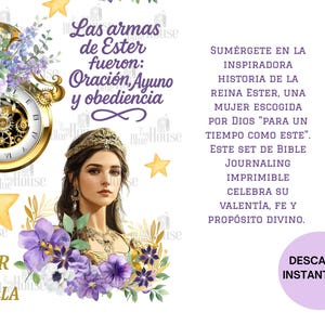May include: Digital art print featuring a portrait of a woman with a crown, surrounded by purple flowers and gold accents. Text includes "Las armas de Ester fueron: Oraci&oacute;n, Ayuno y obediencia" and "Ester = Estrella".