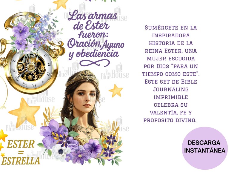 May include: Digital art print featuring a portrait of a woman with a crown, surrounded by purple flowers and gold accents. Text includes "Las armas de Ester fueron: Oraci&oacute;n, Ayuno y obediencia" and "Ester = Estrella".