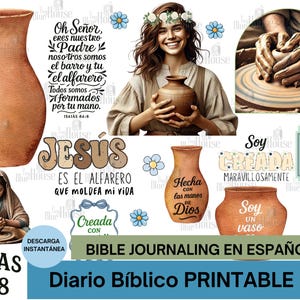 May include: Digital art featuring pottery and religious themes. Includes images of vases, a woman holding a vase, and text in Spanish. The words "Jesus" and "Bible Journaling" are visible.