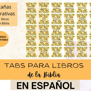 May include: Decorative Bible tabs in Spanish, featuring sunflower designs. The tabs are labeled with book names like Genesis, Exodus, and Psalms. The image also includes the text "Instant Download."
