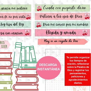 May include: Digital download featuring colorful bookmarks with inspirational quotes and cherry illustrations. Includes a stack of books, a green line drawing of books, and a pink circle with the words "Instant Download".