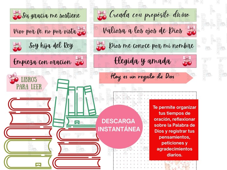 May include: Digital download featuring colorful bookmarks with inspirational quotes and cherry illustrations. Includes a stack of books, a green line drawing of books, and a pink circle with the words "Instant Download".