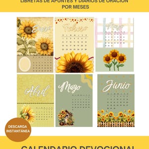 Könnte beinhalten: Ein Andachtskalender mit Sonnenblumenillustrationen für jeden Monat. Der Kalender enthält die Monate Januar, Februar, März, April, Mai und Juni. Der Text "Descarga Instantánea" ist ebenfalls sichtbar. Der Kalender dient zur Unterteilung von Andachten, Notizbüchern und Gebetstagebüchern.