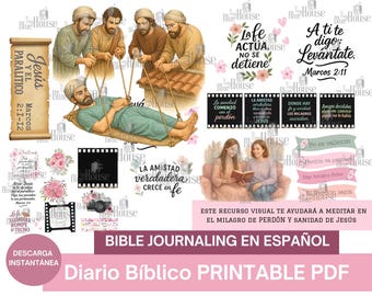 Könnte beinhalten: Digitales Bibel-Journaling-Kit mit Illustrationen von Jesus, der einen Gelähmten heilt, sowie inspirierenden Zitaten und floralen Akzenten. Enthält Text auf Englisch und Spanisch, mit den Worten "Bible Journaling en Español" und "Printable PDF".