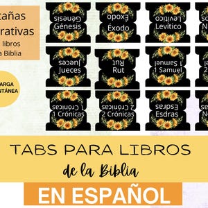 May include: Decorative Bible tabs in Spanish. The tabs are black with gold sunflower accents and text in white. The tabs are labeled with the names of the books of the Bible. The image also includes text that says "Instant Download".