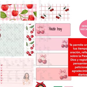 May include: A digital planner with a cherry theme. The design includes various elements such as cherry illustrations, pink backgrounds, and text boxes. The planner is designed to help organize daily thoughts, prayers, and gratitude.
