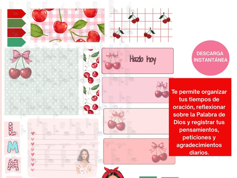 May include: A digital planner with a cherry theme. The design includes various elements such as cherry illustrations, pink backgrounds, and text boxes. The planner is designed to help organize daily thoughts, prayers, and gratitude.