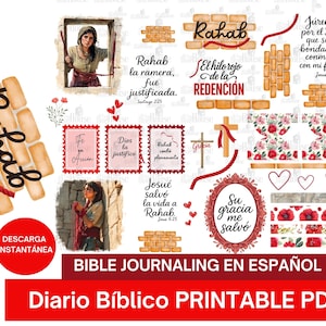 May include: A digital download featuring Bible journaling elements in Spanish. Includes illustrations of Rahab, text excerpts, decorative elements, and the phrase "Bible Journaling in Spanish." The design incorporates red, beige, and floral patterns.