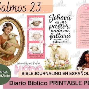 Może przedstawiać: Cyfrowy, drukowany plik PDF do prowadzenia dziennika biblijnego z tekstem "Salmos 23" i "Jehová es mi pastor; nada me faltará." Obraz zawiera ilustracje kobiety z jagnięciem, owcami i kwiatowymi akcentami.