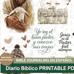 Könnte beinhalten: Digitales Kunstwerk mit religiösen Motiven. Zeigt Jesus mit einem Lamm, ein Schaf hinter einem Zaun und ein Kreuz. Spanischer Text enthält "El Buen Pastor" und "Diario Bíblico PRINTABLE PDF".