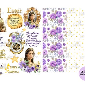 May include: Digital art featuring illustrations and text related to the biblical figure Esther. Includes portraits, floral patterns, and inspirational quotes in Spanish. The design incorporates gold accents, purple flowers, and star motifs.