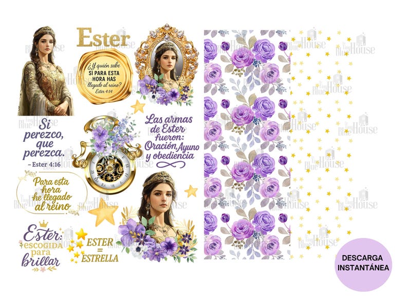May include: Digital art featuring illustrations and text related to the biblical figure Esther. Includes portraits, floral patterns, and inspirational quotes in Spanish. The design incorporates gold accents, purple flowers, and star motifs.