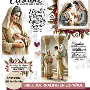 May include: A digital art print featuring biblical scenes and text in Spanish. The artwork includes illustrations of women, angels, and religious figures, with phrases like "Elisabet" and "Diario Bíblico PRINTABLE PDF". The overall theme is religious.