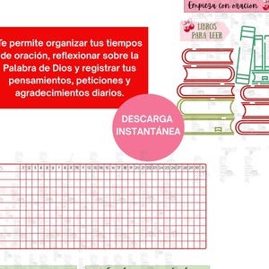 May include: A digital planner with text in Spanish, including "Te permite organizar tus tiempos de oraci&oacute;n..." and "Descarga instant&aacute;nea." The design features stacks of books and a monthly calendar grid.