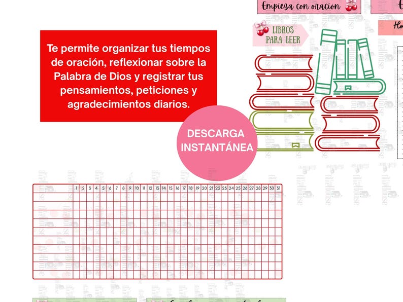 May include: A digital planner with text in Spanish, including "Te permite organizar tus tiempos de oraci&oacute;n..." and "Descarga instant&aacute;nea." The design features stacks of books and a monthly calendar grid.