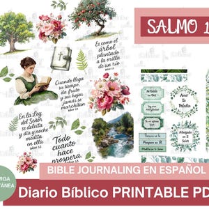 Könnte beinhalten: Eine digitale Collage mit Aquarellillustrationen von Bäumen, Blumen, einer lesenden Frau und Bibelversen. Der Text "SALMO 1" wird in einem rosa Rechteck angezeigt, mit zusätzlichem Text auf Spanisch, der das Bibel-Journaling bewirbt.