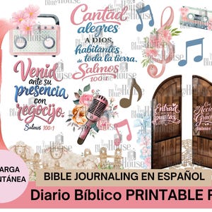 May include: Digital art print for Bible journaling, featuring musical notes, a microphone, a radio, and Spanish text. The design incorporates floral accents and a pink and white colour scheme. Includes the text 'Bible Journaling in Spanish'.