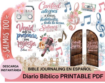 May include: A digital art print featuring various elements for Bible journaling. Includes musical notes, a microphone, a radio, and text in Spanish. The design incorporates floral accents and a pink and white color scheme.