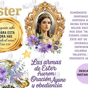 May include: Digital art featuring the name "Ester" in gold script, a portrait of a woman in a jeweled frame, and floral accents. Text includes Bible verses and phrases like "Bible Journaling" and "Instant Download."