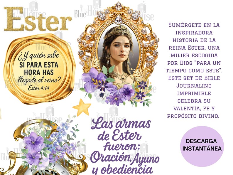 May include: Digital art featuring the name "Ester" in gold script, a portrait of a woman in a jeweled frame, and floral accents. Text includes Bible verses and phrases like "Bible Journaling" and "Instant Download."