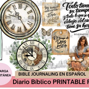 Könnte beinhalten: Eine digitale Collage mit zwei runden Uhren mit römischen Ziffern, einem Schmetterling, einer auf einer Holzbank sitzenden Person, die ein Buch liest, sowie Texten wie "Todo tiene su tiempo," "Mi tiempo está escrito por Dios," und "Eclesiastés 3."