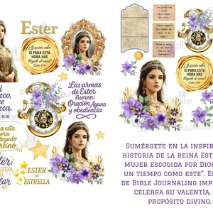 May include: Digital art featuring illustrations of Queen Esther with floral and clock accents. Includes text in Spanish and English, with phrases like "If I perish, I perish" and "For such a time as this."