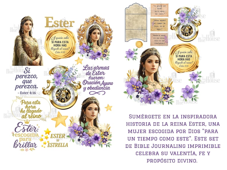 May include: Digital art featuring illustrations of Queen Esther with floral and clock accents. Includes text in Spanish and English, with phrases like "If I perish, I perish" and "For such a time as this."