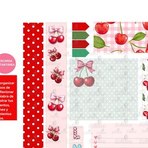 May include: Digital planner elements featuring red cherries, pink bows, and polka dots. Includes bookmarks, labels, and patterned backgrounds. The text in the image says "DESCARGA INSTANT&Aacute;NEA" and "Te permite organizar tus tiempos de oraci&oacute;n, reflexionar sobre la Palabra de Dios y registrar tus pensamientos, peticiones y agradecimientos diarios."