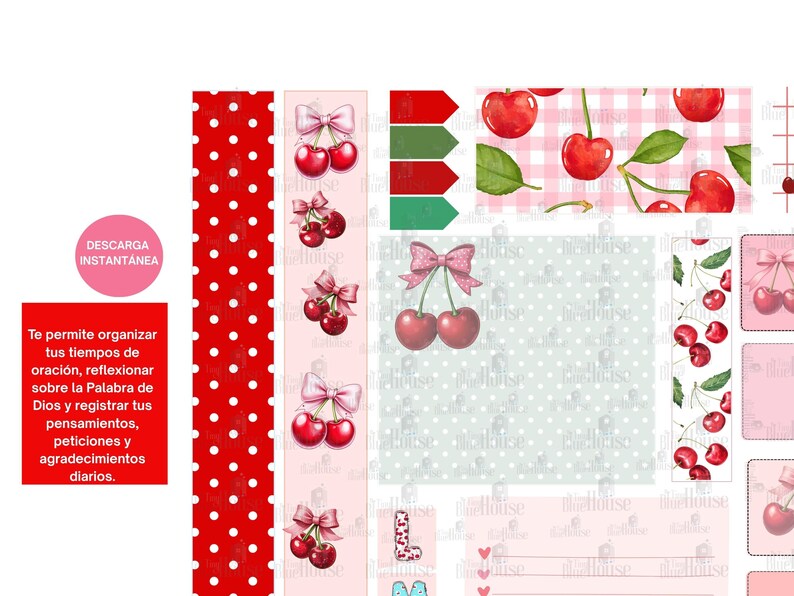 May include: Digital planner elements featuring red cherries, pink bows, and polka dots. Includes bookmarks, labels, and patterned backgrounds. The text in the image says "DESCARGA INSTANT&Aacute;NEA" and "Te permite organizar tus tiempos de oraci&oacute;n, reflexionar sobre la Palabra de Dios y registrar tus pensamientos, peticiones y agradecimientos diarios."