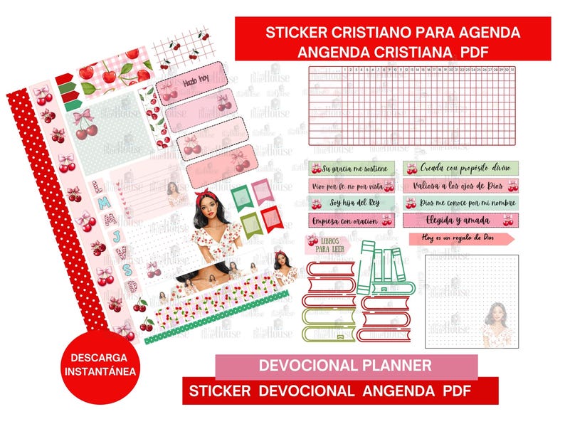 May include: A collection of planner stickers with a cherry theme, featuring pink, red, and green accents. The stickers include decorative elements, text boxes, and inspirational quotes. The image also contains the text "STICKER CRISTIANO PARA AGENDA" and "DEVOCIONAL PLANNER".