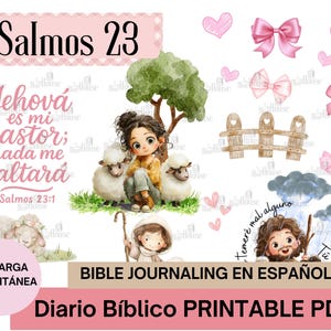 Może przedstawiać: Cyfrowa ilustracja z hiszpańskim tekstem, w tym "Salmos 23" i "Diario Bíblico PRINTABLE PDF". Obraz przedstawia dziewczynkę z owcami, pasterza, różowe serca i kokardy. Zawiera również tekst "Bible Journaling en Español".